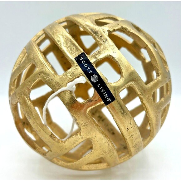 Scott Living Metal Decorative Globe Orb Gold Finish 6"Round Geo Cutouts Textured - Picture 6 of 11